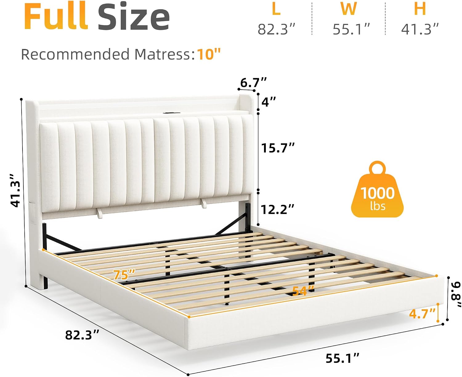 Jocoevol Full Size Floating Bed Frame with Ergonomic Hidden Storage Headboard and LED Lights, Visual Floating LED Bed Frame with Charing Station, Velvet Upholstered Platform Bed, Heavy Duty, White