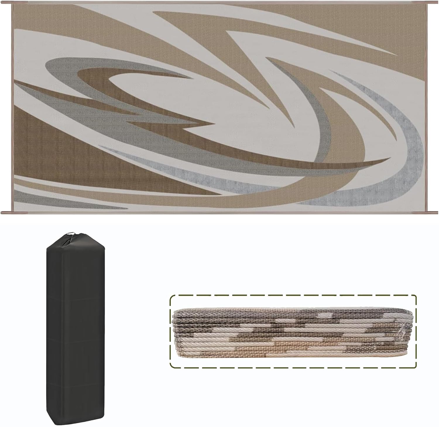 EEZ RV Products 9ft x 18ft Heavy Duty Reversible/Durable Outdoor Patio/RVing Camping Mats Come with Large Storage Bag & 6 Sets of Stakes and Washer, Wave Brown