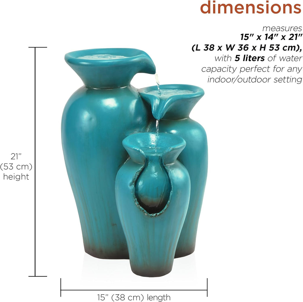 Alpine Corporation DIG246TUR 21' Outdoor 3-Tiered Pots Water Fountain – Cascading Ceramic Water Feature with Built-In Pump for Gardens, Patios, Yards, and Outdoor Décor, Turquoise