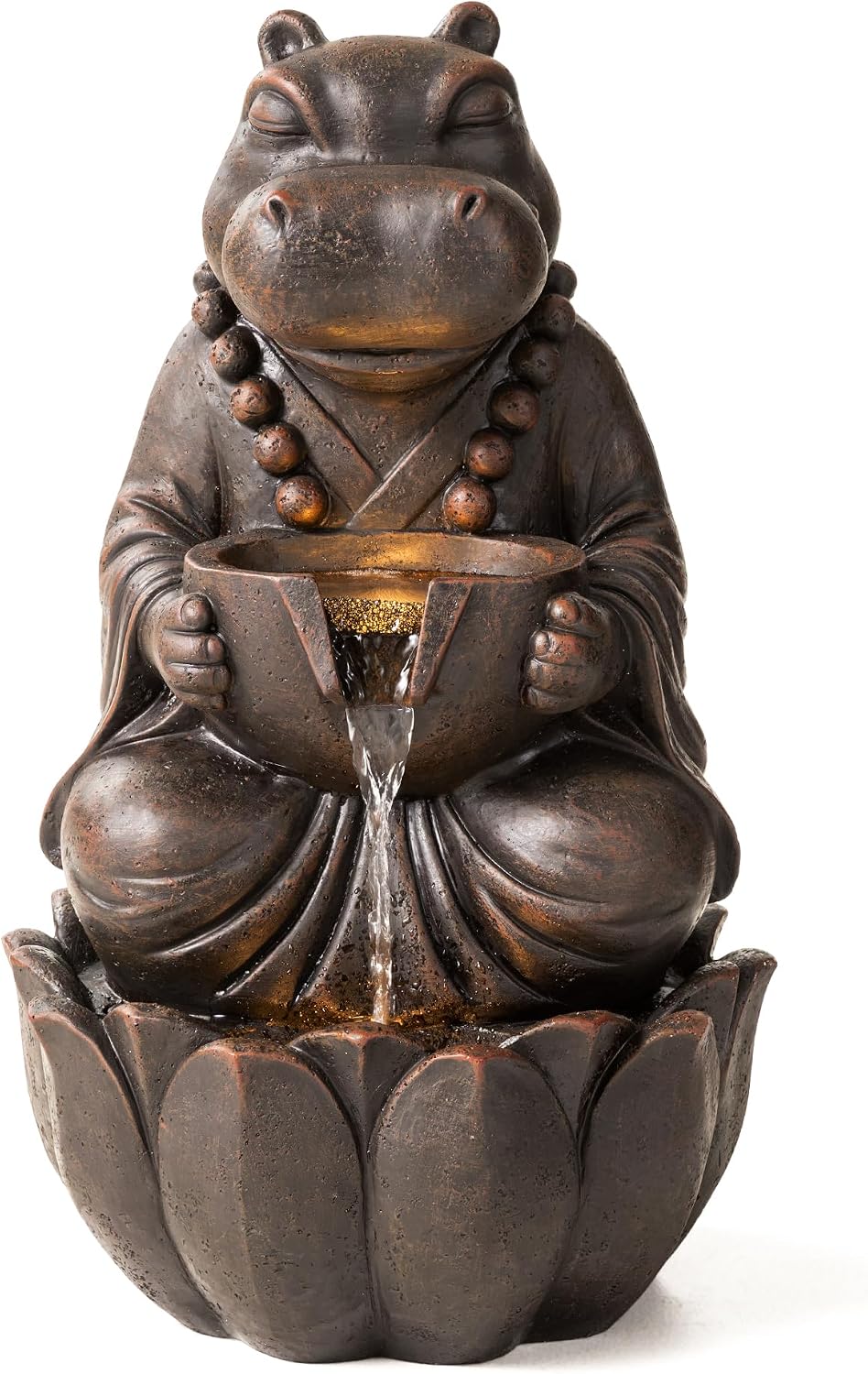 Glitzhome Water Fountain Outdoor, Outdoor Fountain with Lights, Zen-Style Water Fountain with Pump, 22' H 2-Tiered Bronze Hippo Polyresin Water Feature for Home Patio Garden Backyard Decor