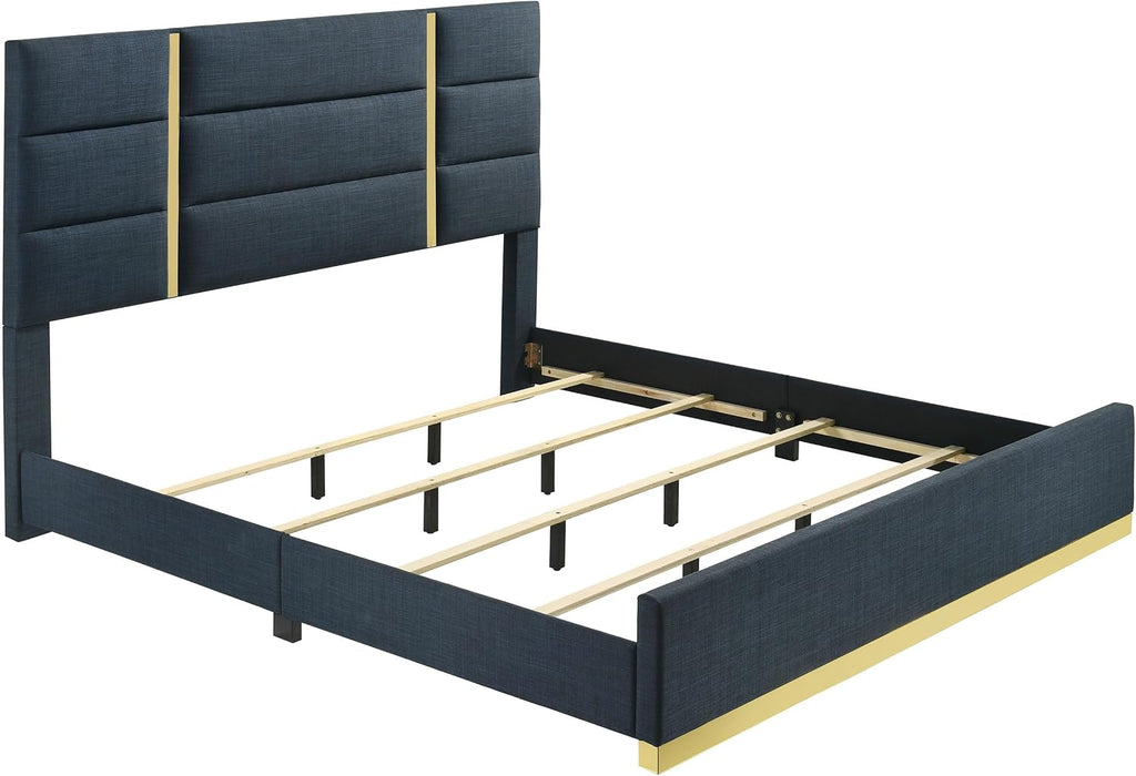 Coaster Home Furnishings - INES - Wood - 4-Piece Bedroom Set with Upholstered Bed and Flat Drawer Fronts - Bedroom - Queen Size - White High Gloss and Navy - 223091NVYQ-S4