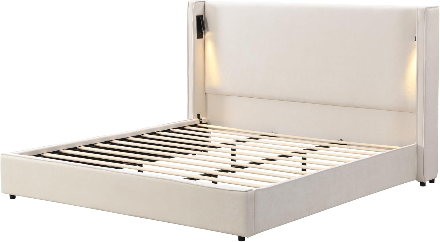 JIVOIT King Size Platform Bed, Upholstered Bed Frame with High Wingback Headboard, Retro Leg Design, Wood Slats Support, No Box Spring Needed