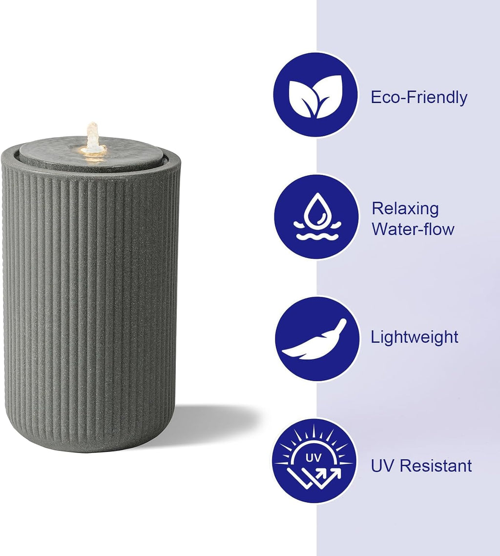 23.22' H Outdoor Water Fountain Made with Eco-Friendly Recyclable Materials, Polyethylene Round Bubbler Water Fountain Outdoor, Garden Decor with LED Light for Patio, Porch, Backyard