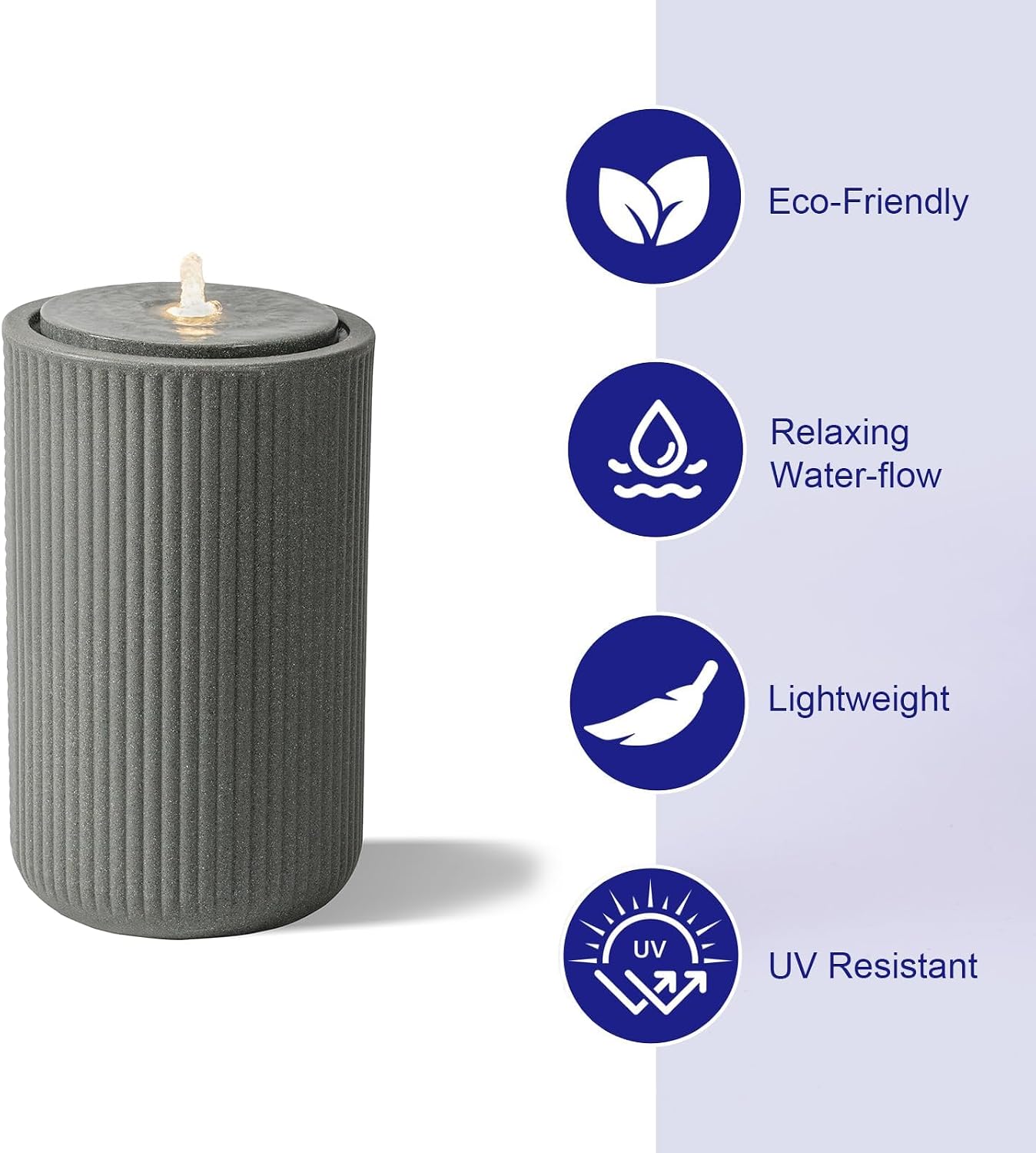 23.22' H Outdoor Water Fountain Made with Eco-Friendly Recyclable Materials, Polyethylene Round Bubbler Water Fountain Outdoor, Garden Decor with LED Light for Patio, Porch, Backyard