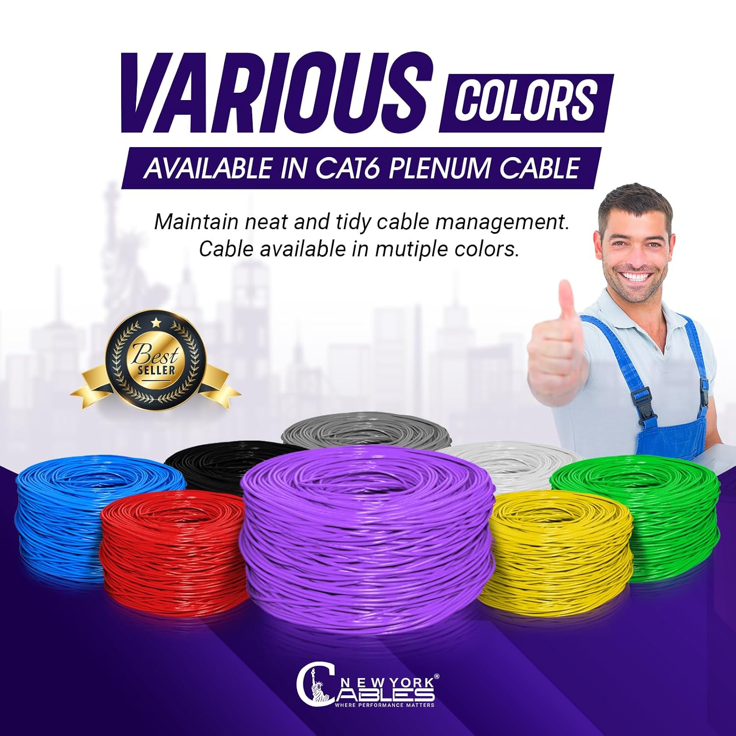 NewYork Cables | CAT6 Plenum Cable 1000ft | UTP, 550MHz, 23AWG, 4Pair 10GB | Most Certified CMP-Rated Fire-Resistant Bulk Cat 6 Ethernet Cable for Networking & Gaming (1000ft, Solid Conductor, Purple)