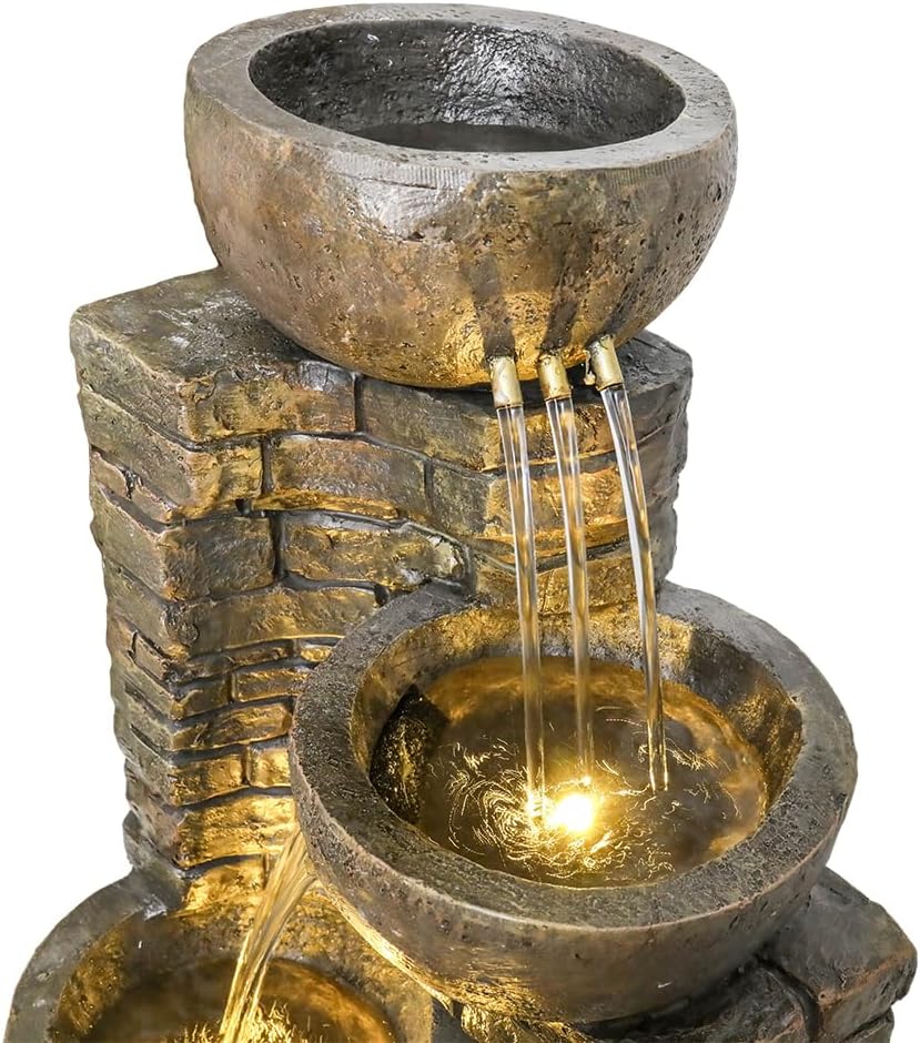 Hamiedun 38.2 ''H Water Fountain Outdoor Cascading Bowls and Stacked Stones with Led Lights Waterfalls Fountain for Outside Gardens, Landscaping, Balconies, Floor Patio,Backyard and Home Art Decor