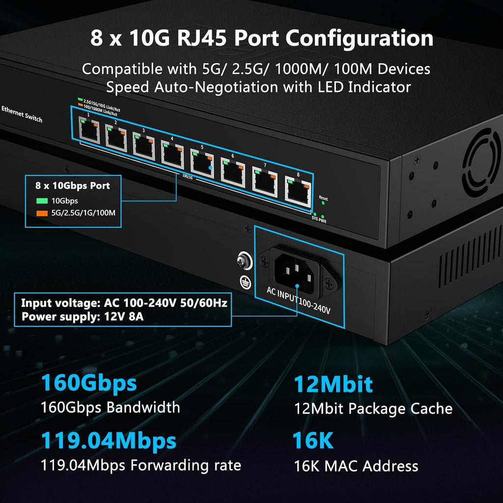 8 Port 10Gb RJ45 Web Managed Network Ethernet Switch 8 x 10G Base-T Port | Multi-Gig 10G-5G-2.5G-1G | 19 Inch Rack Mount | Built-in Fan | 160G Bandwidth | 10Gbps for 10G NAS, PC, WiFi7 Router