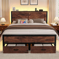 Rustic Queen Bed Frame with Storage Drawers and Barn Door Headboard, Farmhouse LED Bed Frame Queen Size with Charging Station, Metal Industrial Platform Bed Frames, No Box Spring Needed, Brown