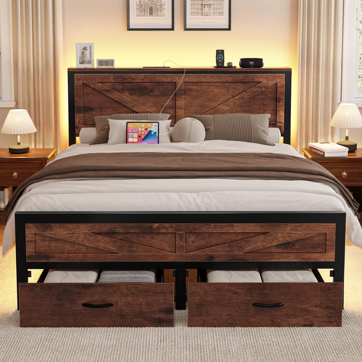 Rustic Queen Bed Frame with Storage Drawers and Barn Door Headboard, Farmhouse LED Bed Frame Queen Size with Charging Station, Metal Industrial Platform Bed Frames, No Box Spring Needed, Brown