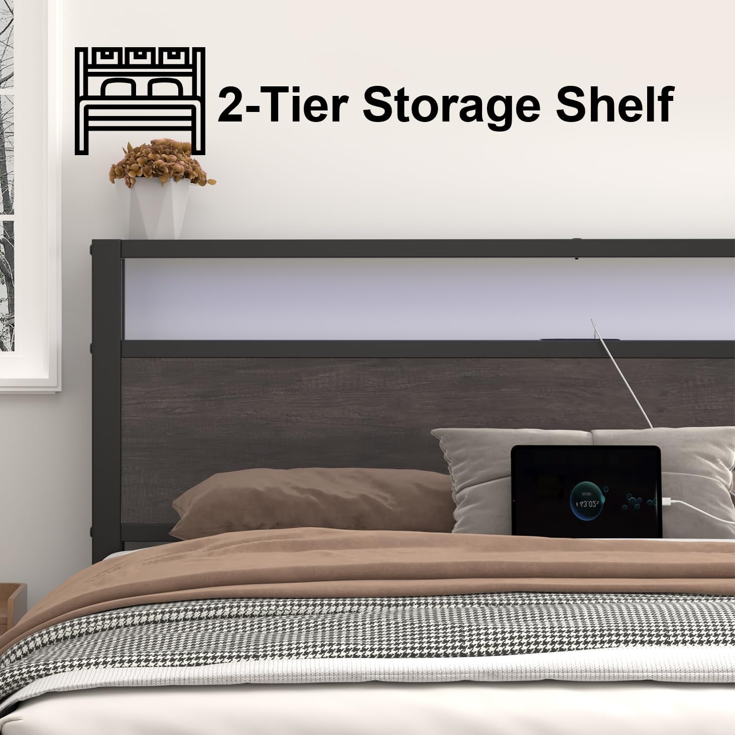 LoVinson Full Size Bed Frame with Charging Station and LED Lights, Metal Platform Bed with 2-Tier Storage Headboard, Noise Free, No Box Spring Needed, Easy Assembly, Grey