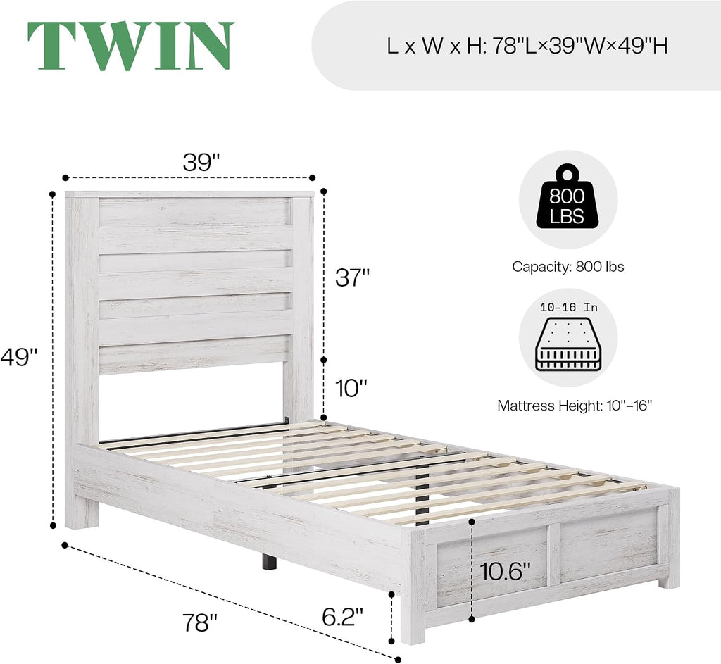AMERLIFE Farmhouse Twin Bed Frame with 49' Fluted Headboard, Platform Bed with Natural Wood Grain Finish, Noise Free, No Box Spring Needed, Distressed White