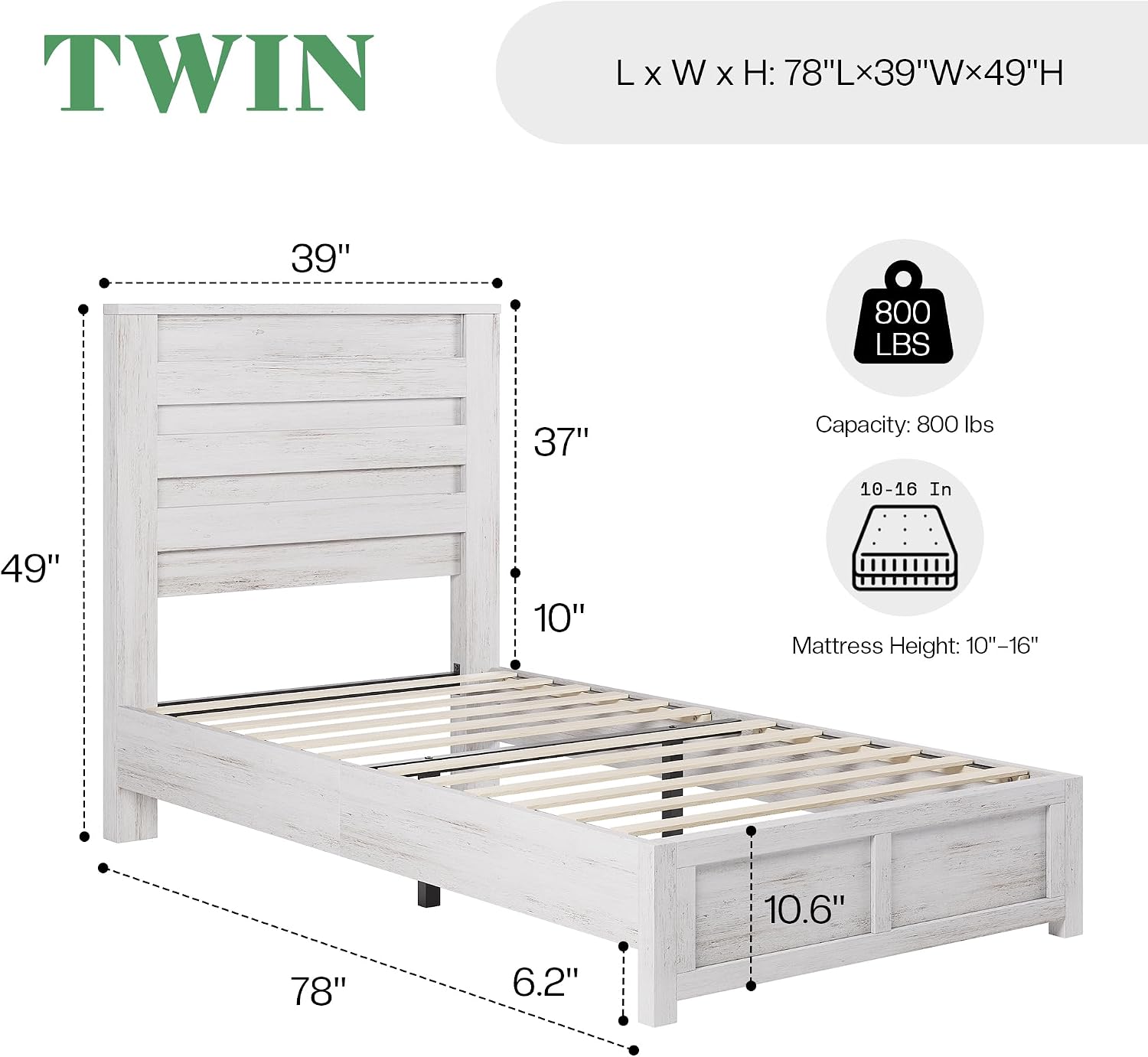 AMERLIFE Farmhouse Twin Bed Frame with 49' Fluted Headboard, Platform Bed with Natural Wood Grain Finish, Noise Free, No Box Spring Needed, Distressed White