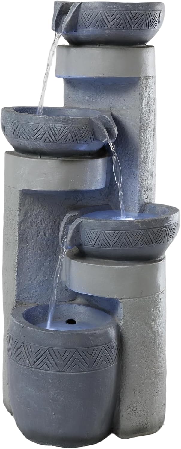 28' Outdoor Water Fountain with Led Lights, 4-Tiered Owl & Calla Lil Water Fountain, Outdoor Garden Waterfall Decor for Garden, Patio, Courtyard (32' Modern Pottery)