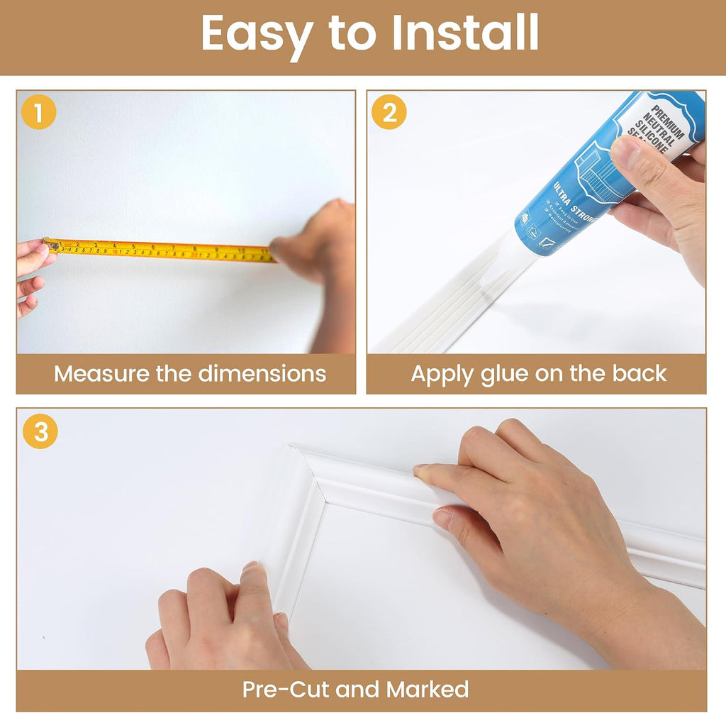 KASARO Pre-Cut Wall Molding Kit, Wainscoting Ready to Assemble 3D Panel for Interior Decor, Premade PS White Picture Frame Style Accent Wall Molding, 6-Frame