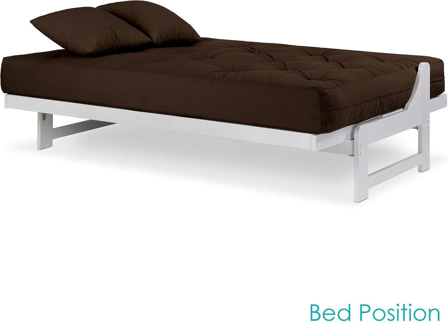 Nirvana Futons Arden White Futon Set Full or Queen Size - Armless Wood Futon Frame with Mattress (Microfiber Sussex Fudge), Space Saving Modern Sofa Bed Sleeper