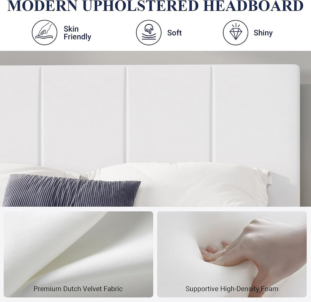 Allewie Queen Size Dutch Velvet Upholstered Platform Bed Frame/Vertical Channel Tufted Adjustable Headboard/Low Profile Bed Frame/No Box Spring Needed/Easy Assembly/White