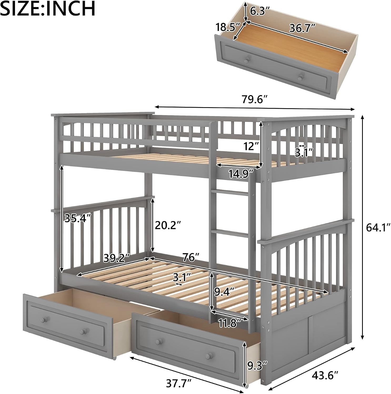 Harper & Bright Convertible Wood Twin-Over-Twin Bunk Bed with Storage Drawers and Ladder - Can Be Divided Into Two Daybeds (Grey)