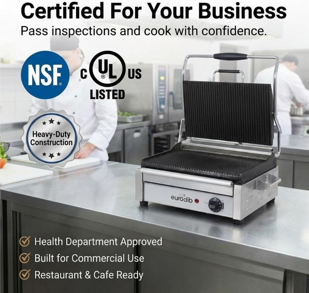 Eurodib SFE02345 Commercial Panini Press & Sandwich Grill, Ribbed Cast Iron Plates, Adjustable Thermostat up to 572°F (300°C), Stainless Steel, 120V, NSF