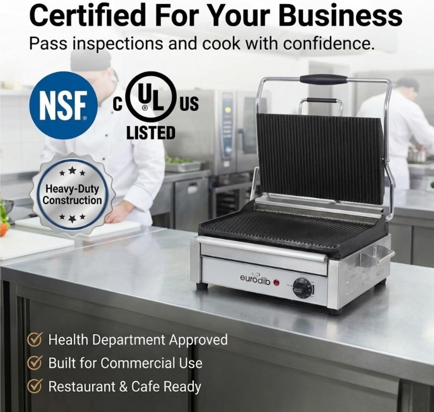 Eurodib SFE02345 Commercial Panini Press & Sandwich Grill, Ribbed Cast Iron Plates, Adjustable Thermostat up to 572°F (300°C), Stainless Steel, 120V, NSF