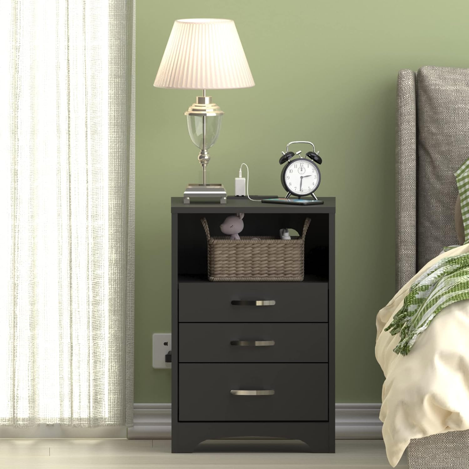 Black Nightstand Set of 2, 3 Drawer Nightstand with Charging Station Side Table with Open Storage Bedside End Table NightStands Storage Cabinet for Bedroom