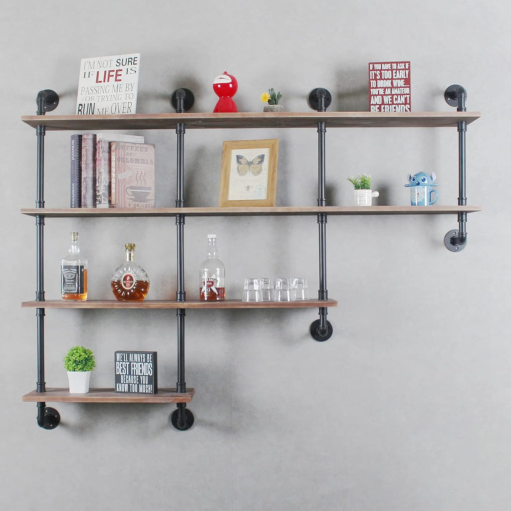 MBQQ 4-Tiers 63inch Industrial Pipe Shelving,Rustic Wooden&Metal Floating Shelves,Home Decor Shelves Wall Mount with Wine Rack,Decorative Accent Wall Book Shelf for Kitchen,Retro Brown