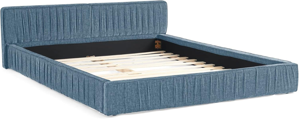 Ball & Cast Queen Size Low Bed Frame,Chenille Upholstered Platform Bed with Pleated Design Headboard,Grounded Floor Bed with Wood Slat Support,No Box Spring Needed,Dark Blue
