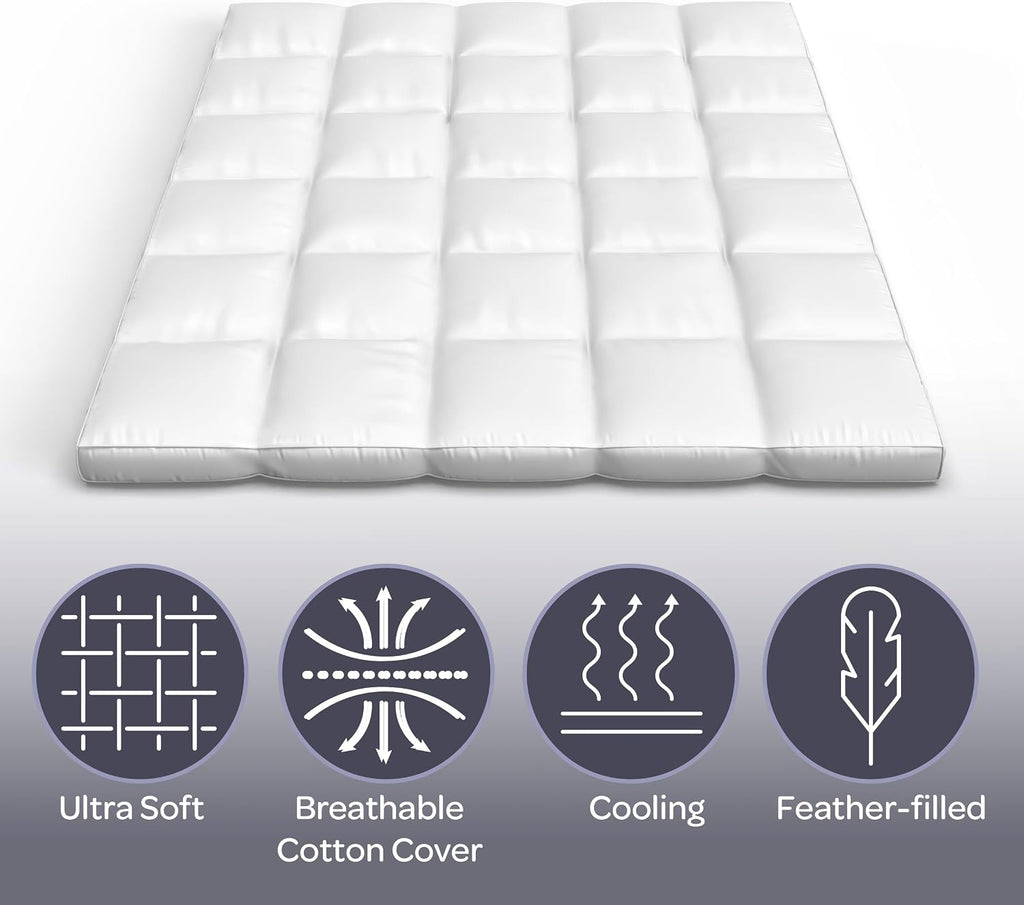 Lavish Home Down Mattress Topper - Queen 4-Inch Duck and Goose Feather Bed with Cotton Mattress Topper Cover - Plush Pillow Top for Cushion and Support (White)