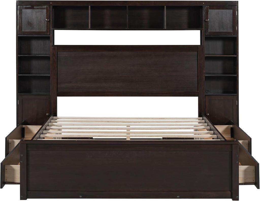 Harper & Bright Designs Espresso Queen Size Platform Bed with All-in-One Cabinet, Shelf and Sockets, Wooden Beds with 4 Storage Drawers, Queen Bed Frame for Bed Room, No Box Spring Needed
