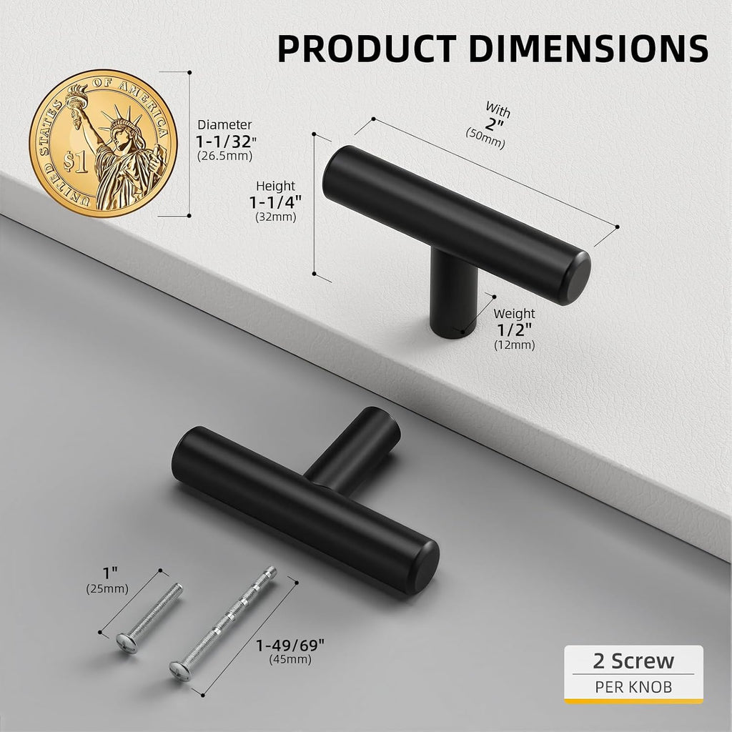 Goldenwarm 100 Pack Black Cabinet Knobs Matte Black Drawer Knobs, T Bar Kitchen Cabinet Handles, Single Hole Drawer Pulls for Cupboards Dresser Bedroom