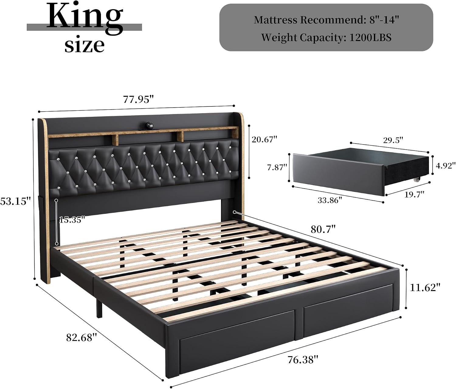 SIBEDS King LED Bed Frame with 2 Storage Drawers, PU Upholstered Platform Beds with Galaxy Star Projector Charging Station Speaker, Aurora Bedframe with 2-Tier Storage Headboard, Noise-Free, Black