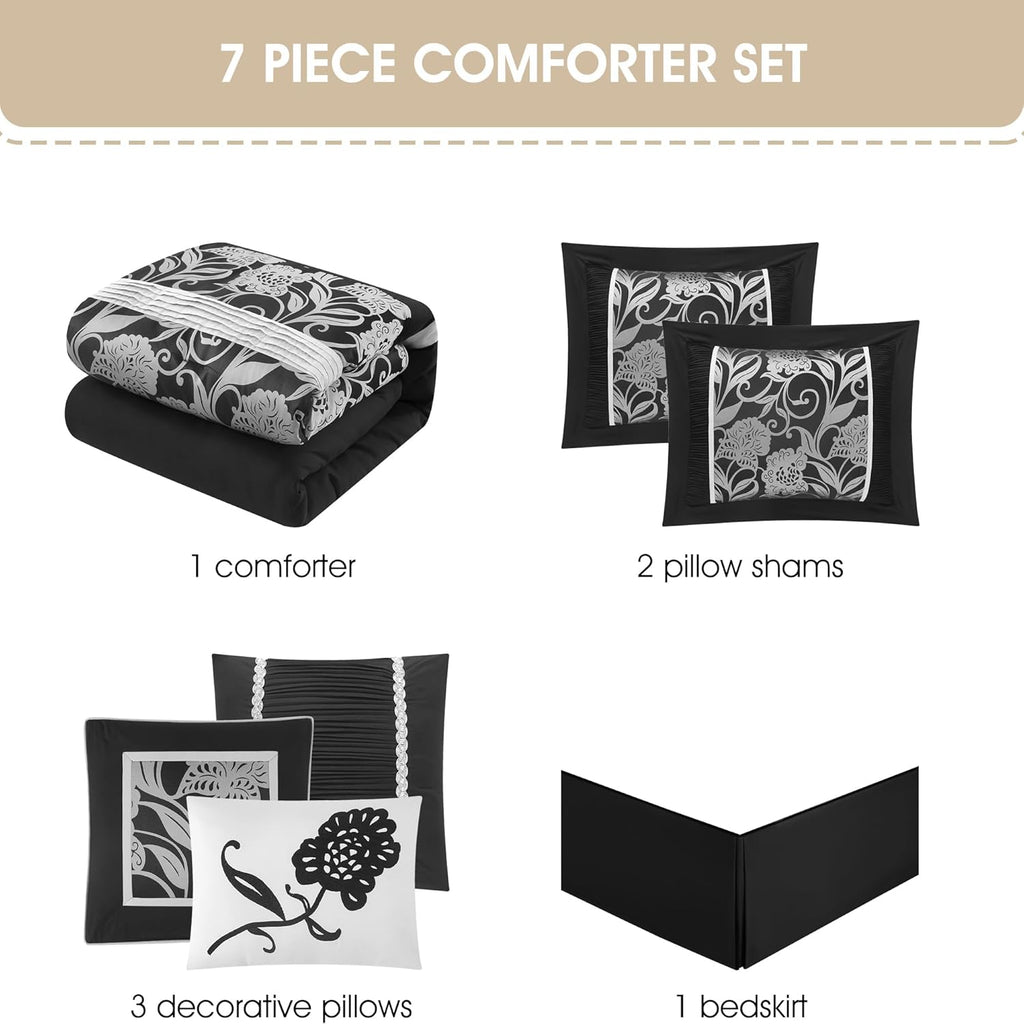 Stratford Park 7 Piece Black Sliver Comforter Set, King Size Jacquard Floral Bedding Set, All Season, Ultra-Soft, Matching Pillows & Shams, Bed Skirt