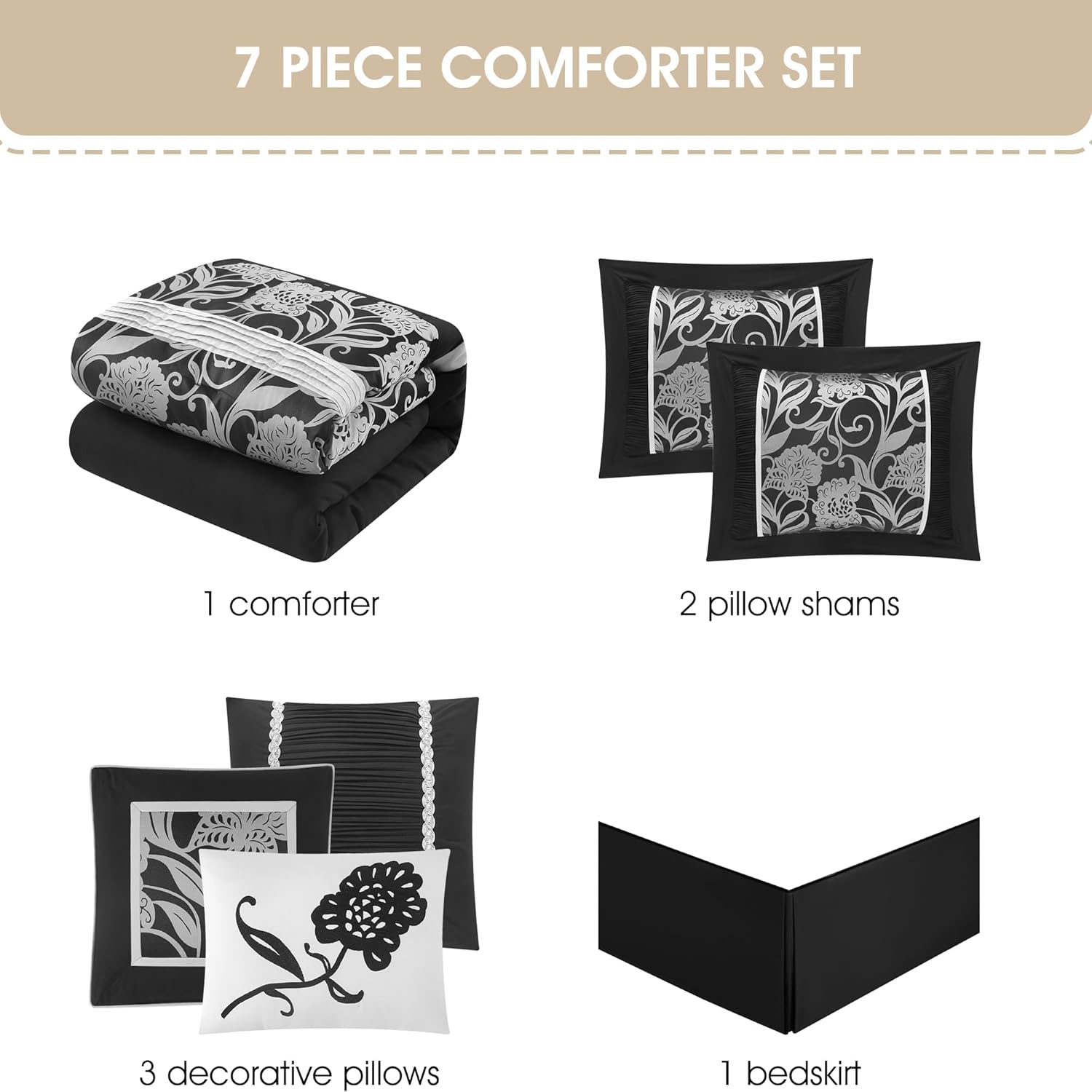 Stratford Park 7 Piece Black Sliver Comforter Set, King Size Jacquard Floral Bedding Set, All Season, Ultra-Soft, Matching Pillows & Shams, Bed Skirt