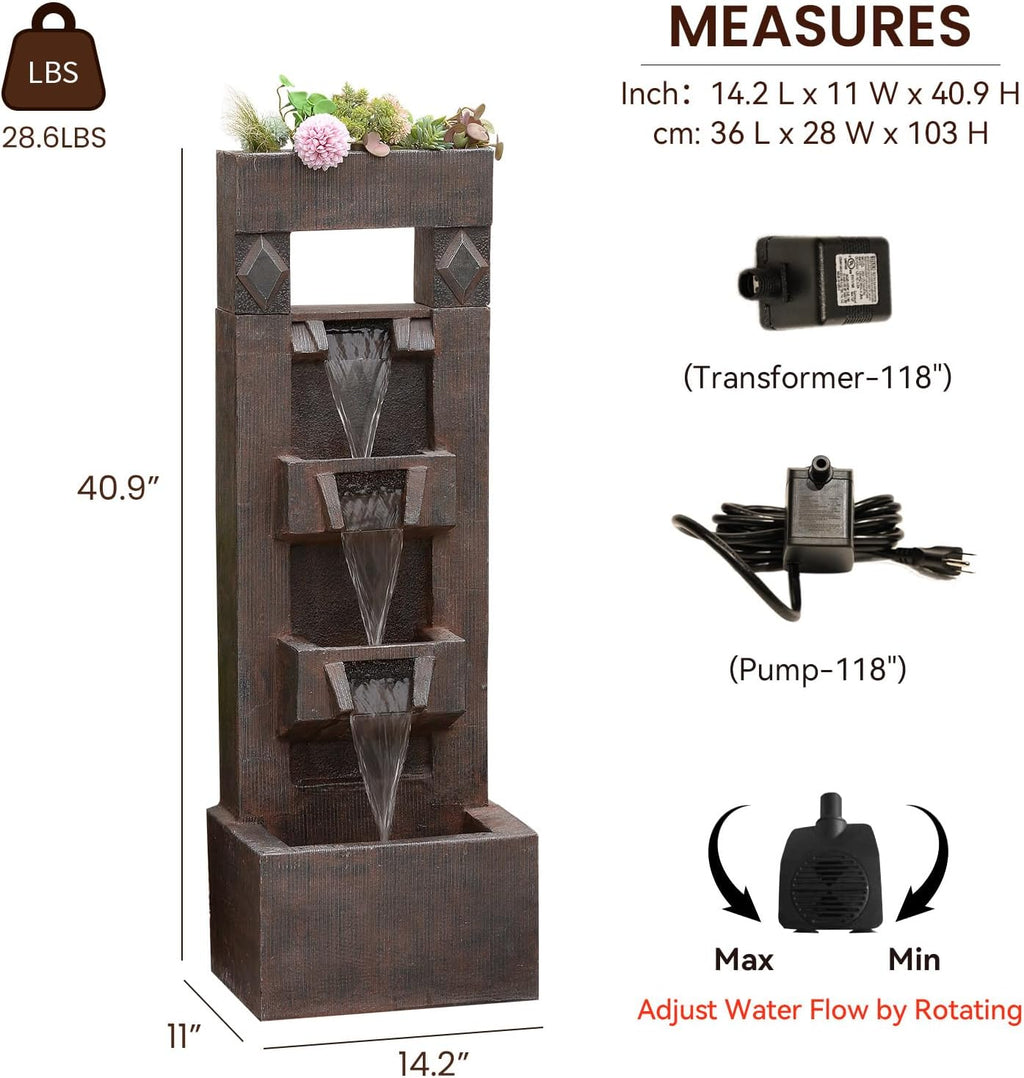 Bumilgar 40.9' H 4-Tier Indoor/Outdoor Modern Water Fountain with Led Lights and Pump, Outdoor Freestanding Cascading Waterfall - Suitable for Garden, Patio, Porch, Yard and Outdoor Decor (Brown)