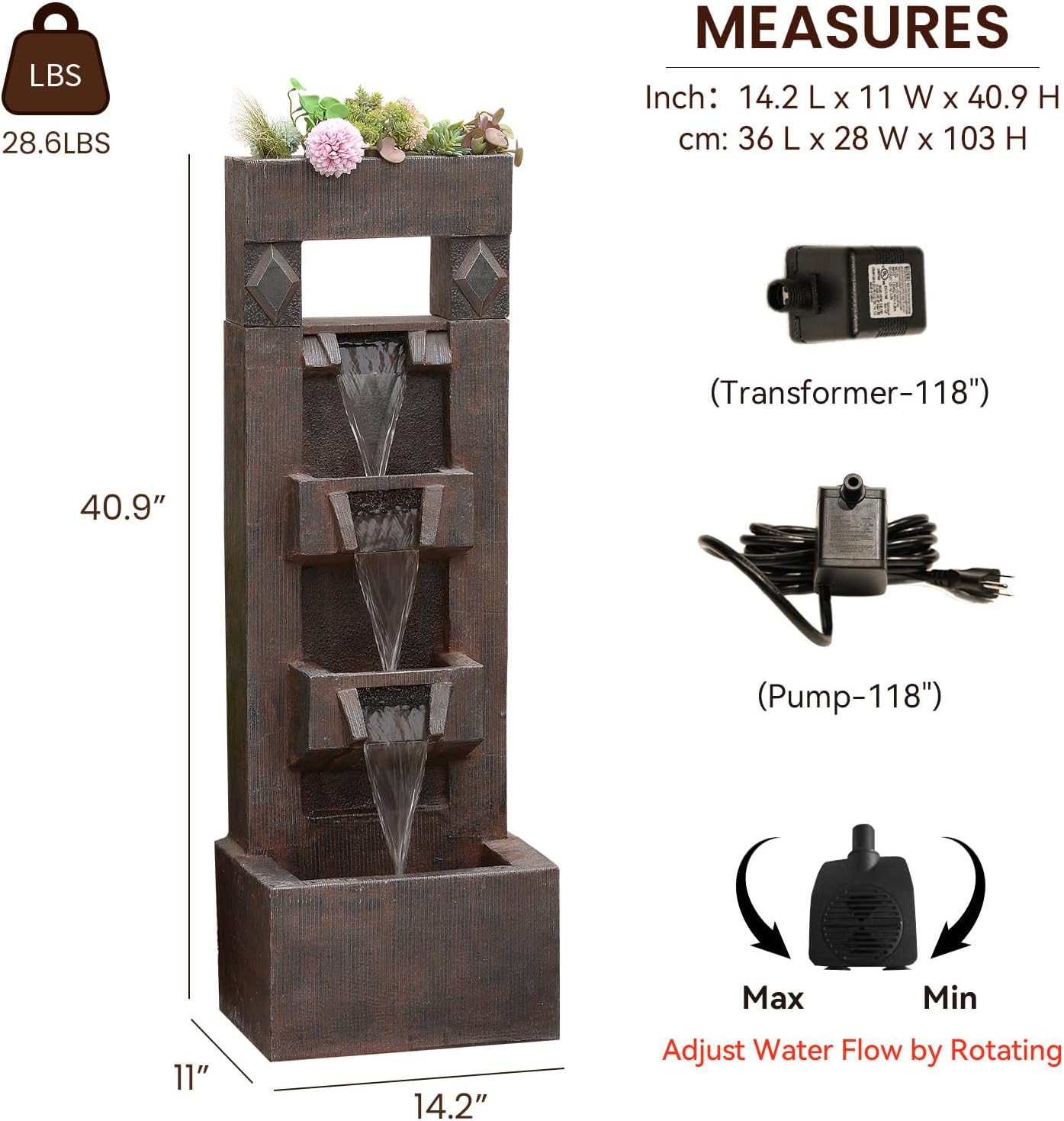 Bumilgar 40.9' H 4-Tier Indoor/Outdoor Modern Water Fountain with Led Lights and Pump, Outdoor Freestanding Cascading Waterfall - Suitable for Garden, Patio, Porch, Yard and Outdoor Decor (Brown)