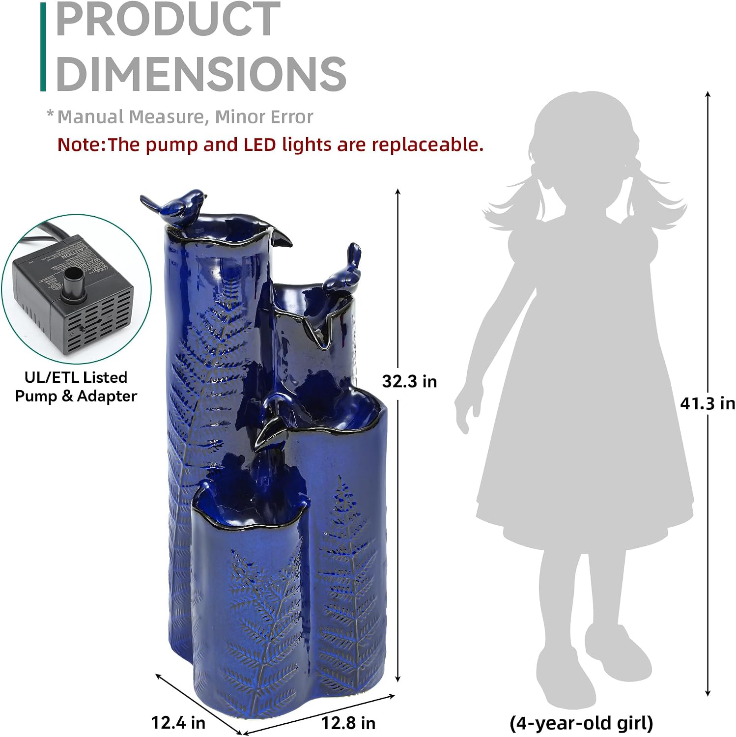32' H Ceramic Outdoor Water Fountain with LED Lights, 4-Tier Vase Outdoor Fountain, Cobalt Blue Glaze, Embossed Fern Pattern, Cascading Waterfall for Tranquil Garden, Patio, or Porch