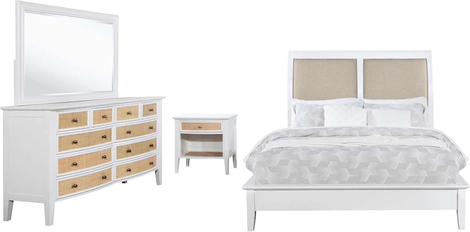 Coaster Home Furnishings Bexhill Farmhouse 4-Piece Bedroom Set Fabric Linen-Like Upholstered Queen Size Panel Bed Frame 56-inch Headboard White 223471Q-S4