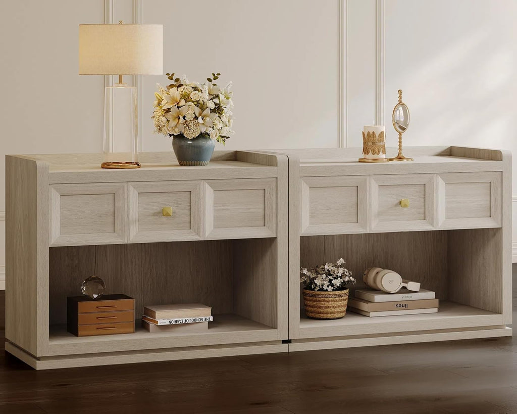 SICOTAS 31' Wide Nightstands Set of 2, Large Night Stands with Drawer, Oversized King Size Nightstand Bedside Table for Bedroom, Farmhouse End Side Table Set of 2 with Round Corners,Grey White Oak