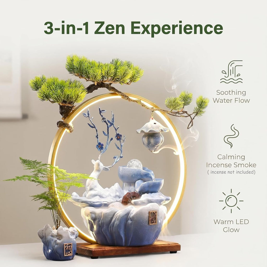 Tabletop Water Fountain, 17.3'Tall Deer Statue Waterfall Fountain with Incense Holder, LED Light & Adjustable Pump, Zen Relaxation Desk Fountains for Office,Living Room or Bedroom