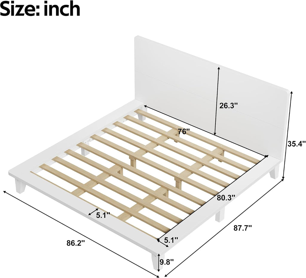 Merax King Size Solid Wood Platform Bed Frame, Modern Comfortable with Headboard, Slat Support, No Box Spring Needed, White