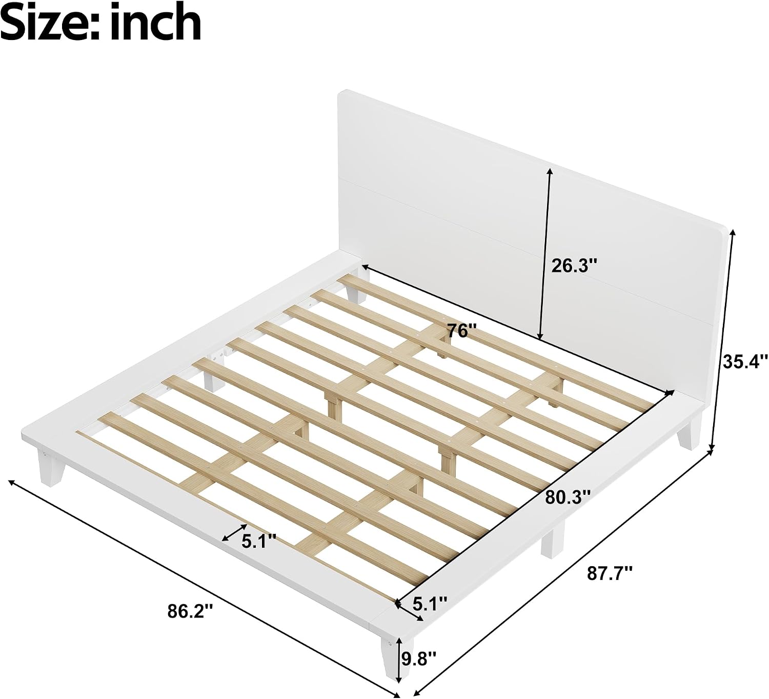 Merax King Size Solid Wood Platform Bed Frame, Modern Comfortable with Headboard, Slat Support, No Box Spring Needed, White