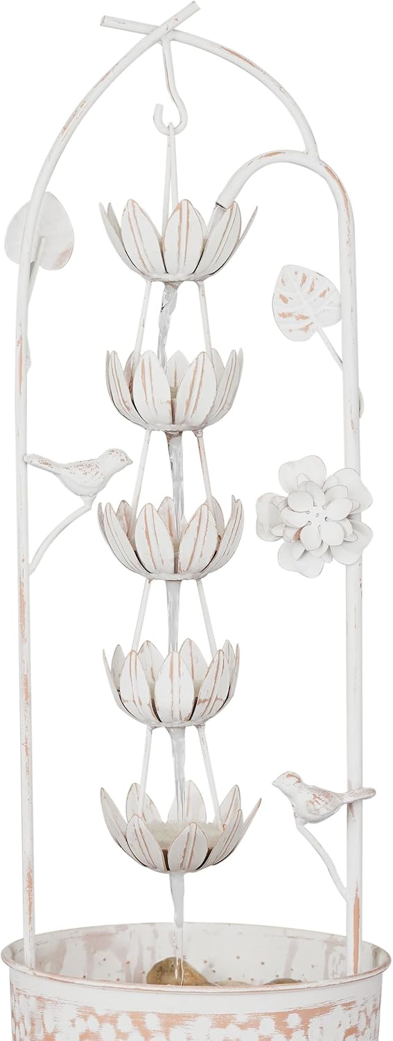 Alpine Corporation 30' Tall Metal Rustic Water Fountain with Decorative Flower, Cascading Waterfall Feature for Gardens, Patios, and Outdoor Decor, White