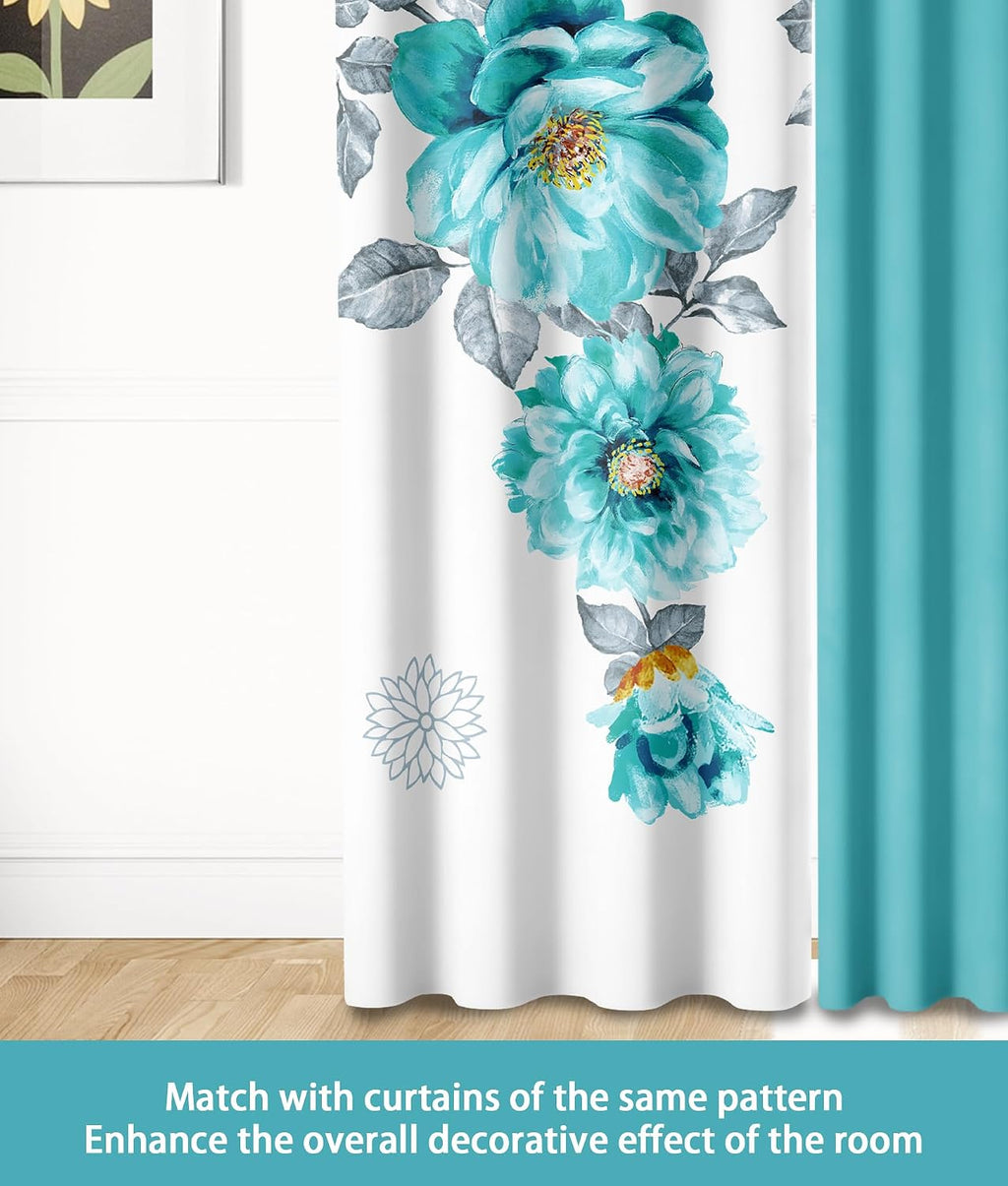 9 Pcs Cal King Bed in A Bag with Curtains | Teal Floral Bedspread, 2 Pillowcases, 2 Print & 4 Solid Curtains | Microfiber, Cotton-Like Touch | Bedroom | Bedspread and Curtain Sets