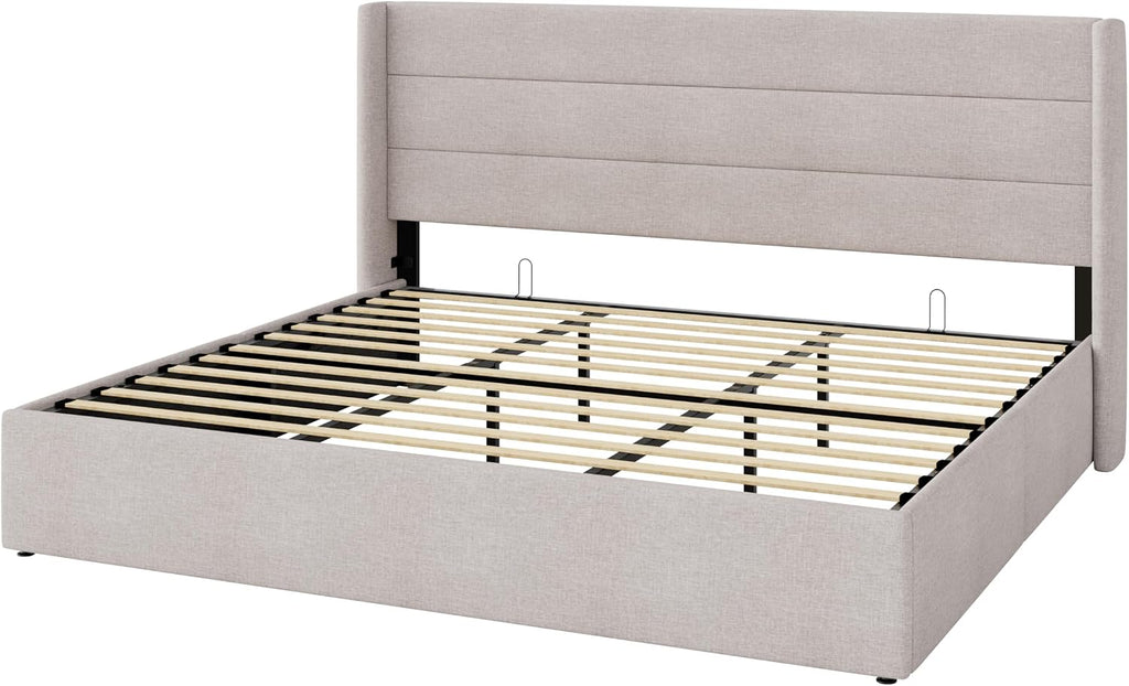 SHA CERLIN King Size Lift Up Storage Bed/Modern Wingback Headboard/Upholstered Platform Bed Frame/Hydraulic Storage/No Box Spring Needed/Wood Slats Support/Light Beige