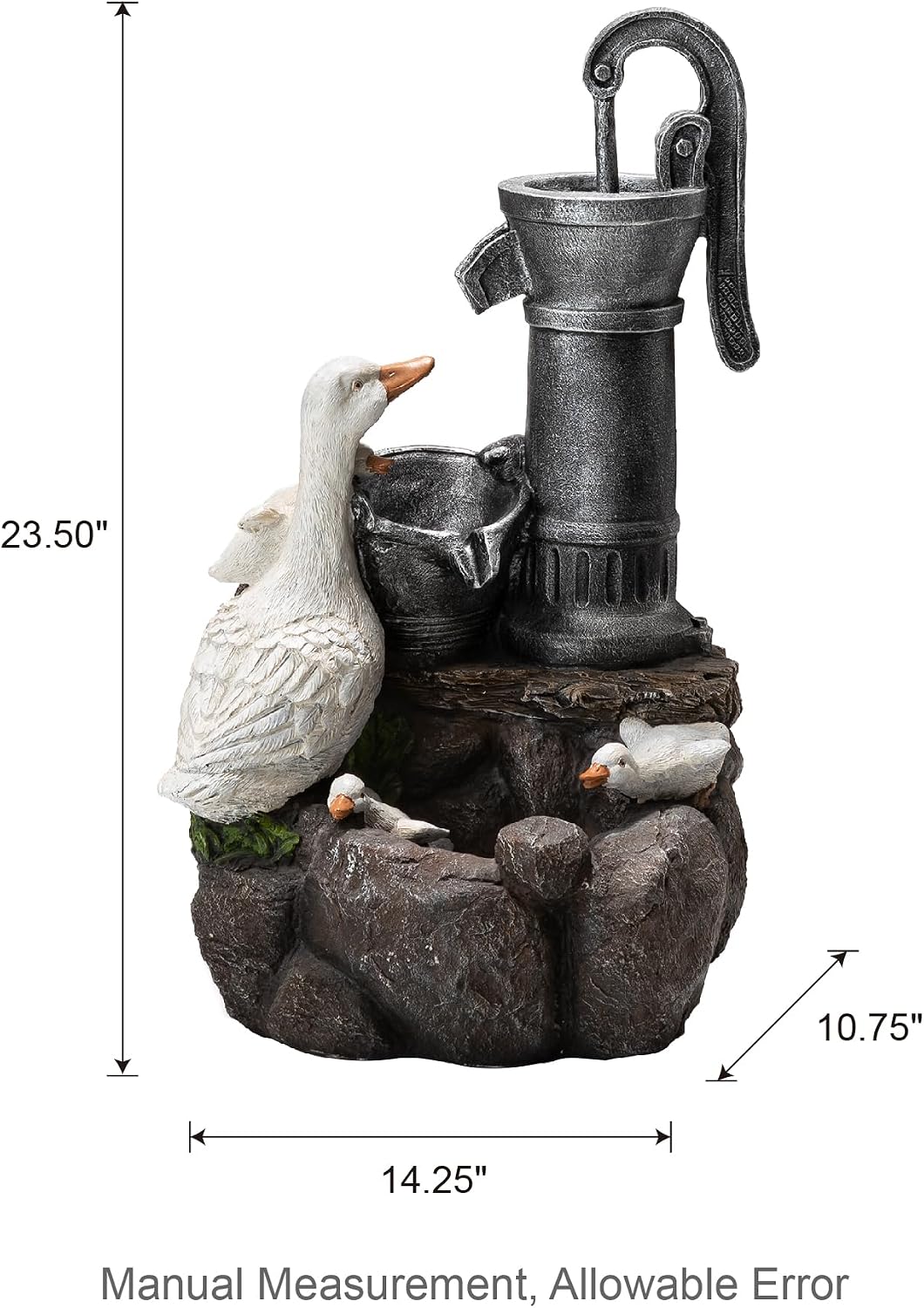 Glitzhome 23.5' Outdoor Duck Fountain with LED Light & Pump, Freestanding 2 Tier Weather-Resistant Patio Fountains Waterfall, Farmhouse Duck Family Sculpture Water Fountain for Backyard Lawn Decor