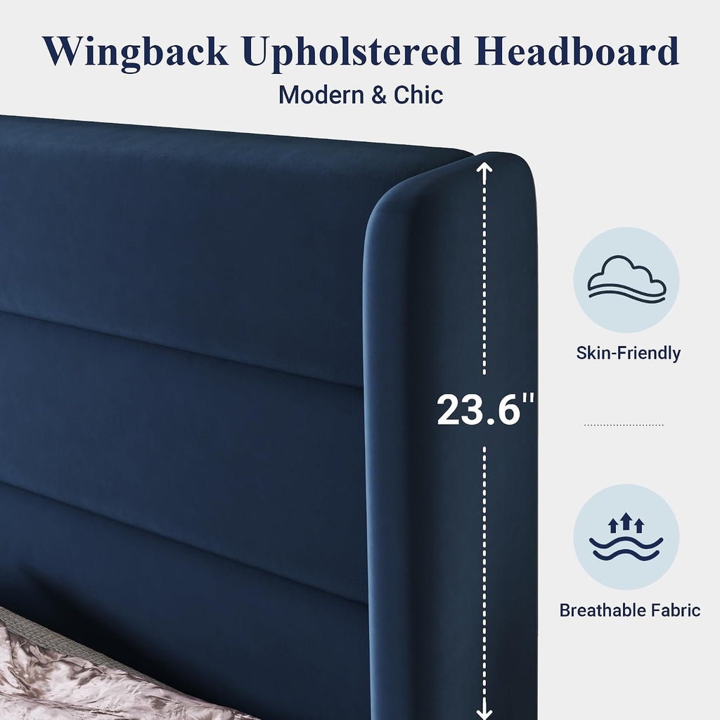 Allewie Queen Size Platform Bed Frame with Velvet Upholstered Wingback Headboard, No Box Spring Needed, Under Bed Storage Space, Wooden Slats, Modern Mattress Foundation, Easy Assembly, Blue