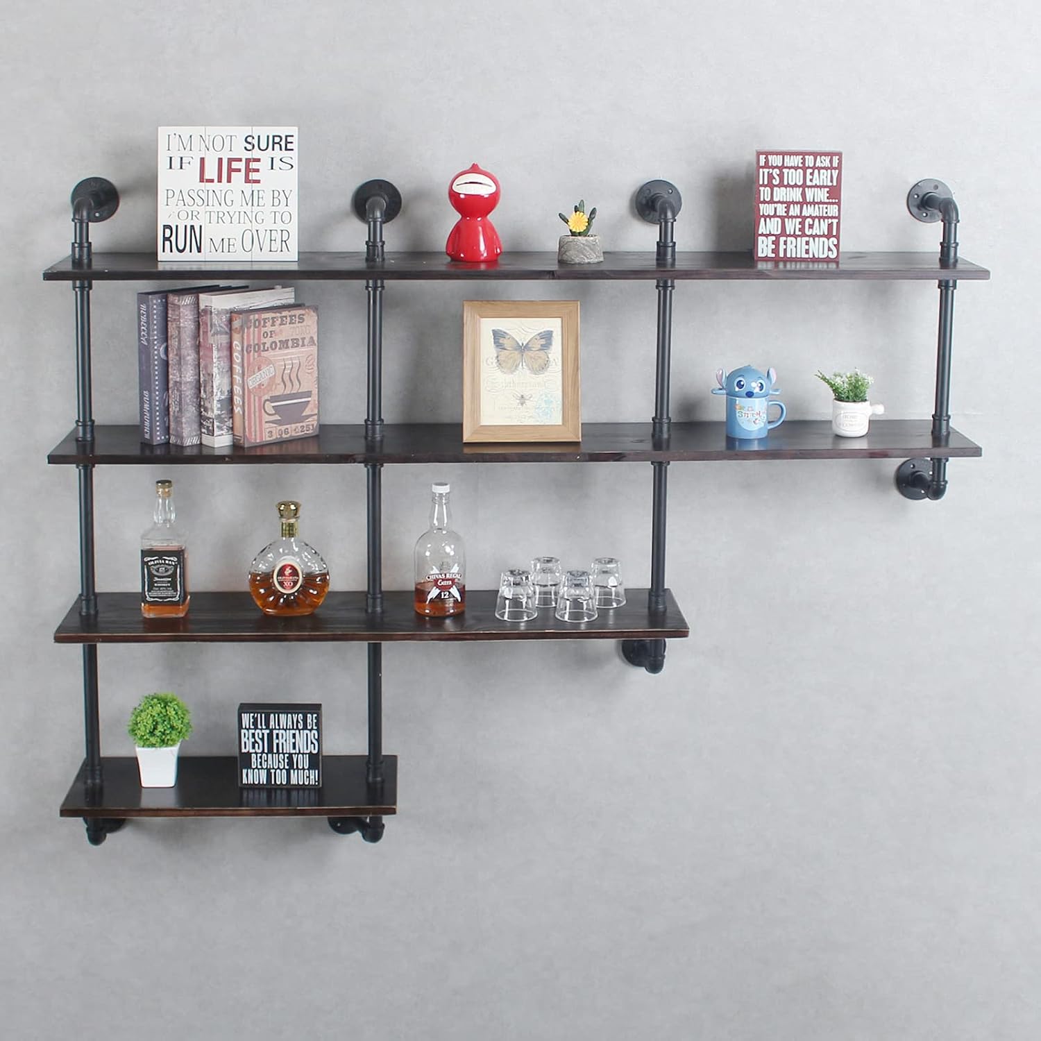 MBQQ 4-Tiers 63inch Industrial Pipe Shelving,Rustic Wooden&Metal Floating Shelves,Home Decor Shelves Wall Mount with Wine Rack,Decorative Accent Wall Book Shelf for Kitchen,Retro Black