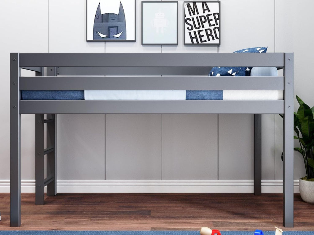 Jackpot! Contemporary Low Loft Twin Bed with End Ladder, Gray