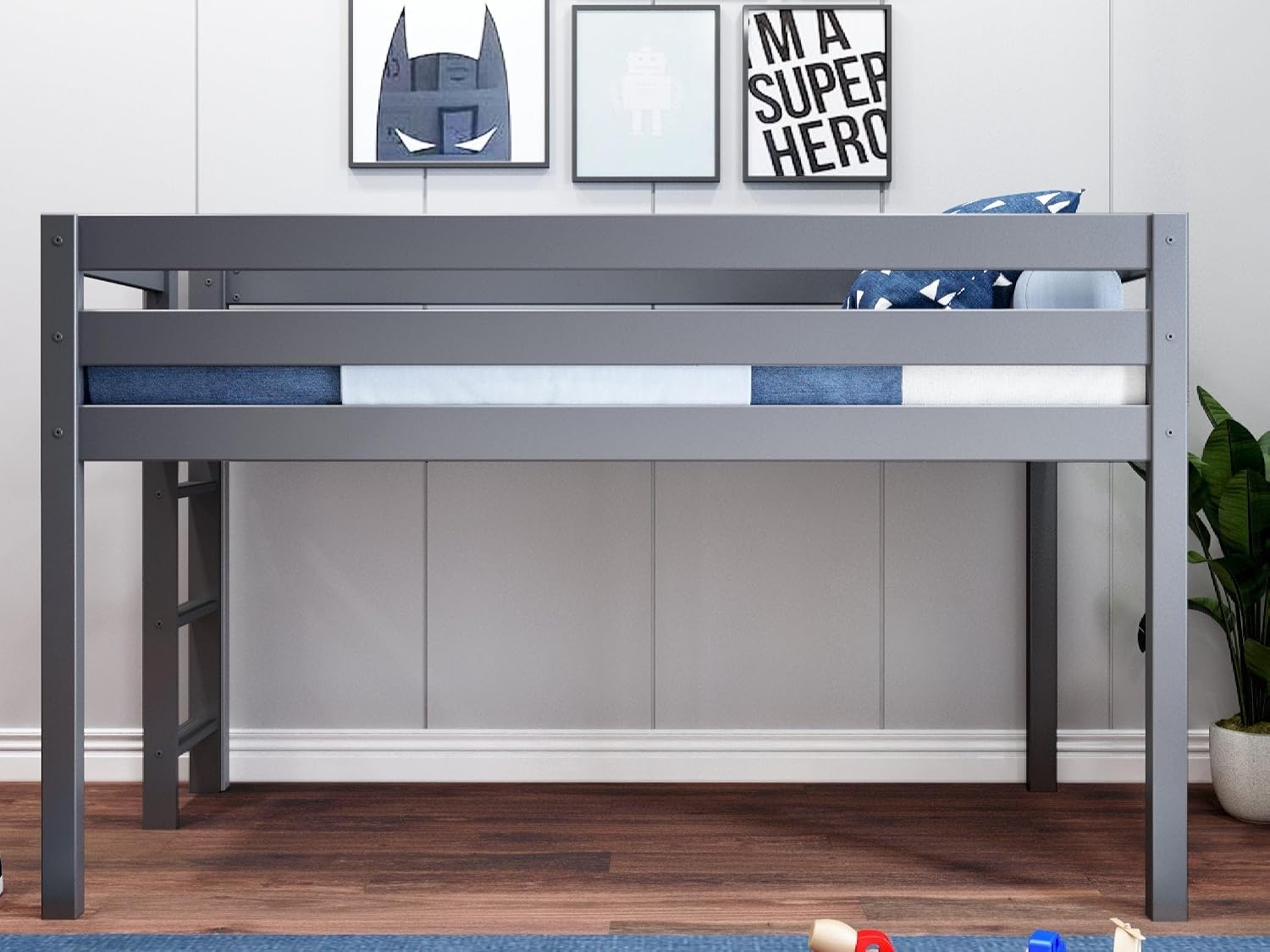 Jackpot! Contemporary Low Loft Twin Bed with End Ladder, Gray