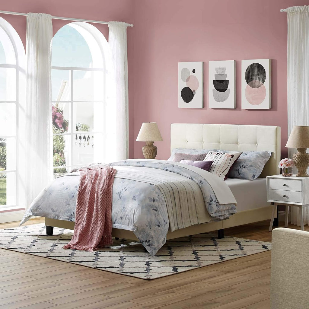 Modway Melanie Performance Velvet Upholstered Tufted Full Platform Bed in Ivory