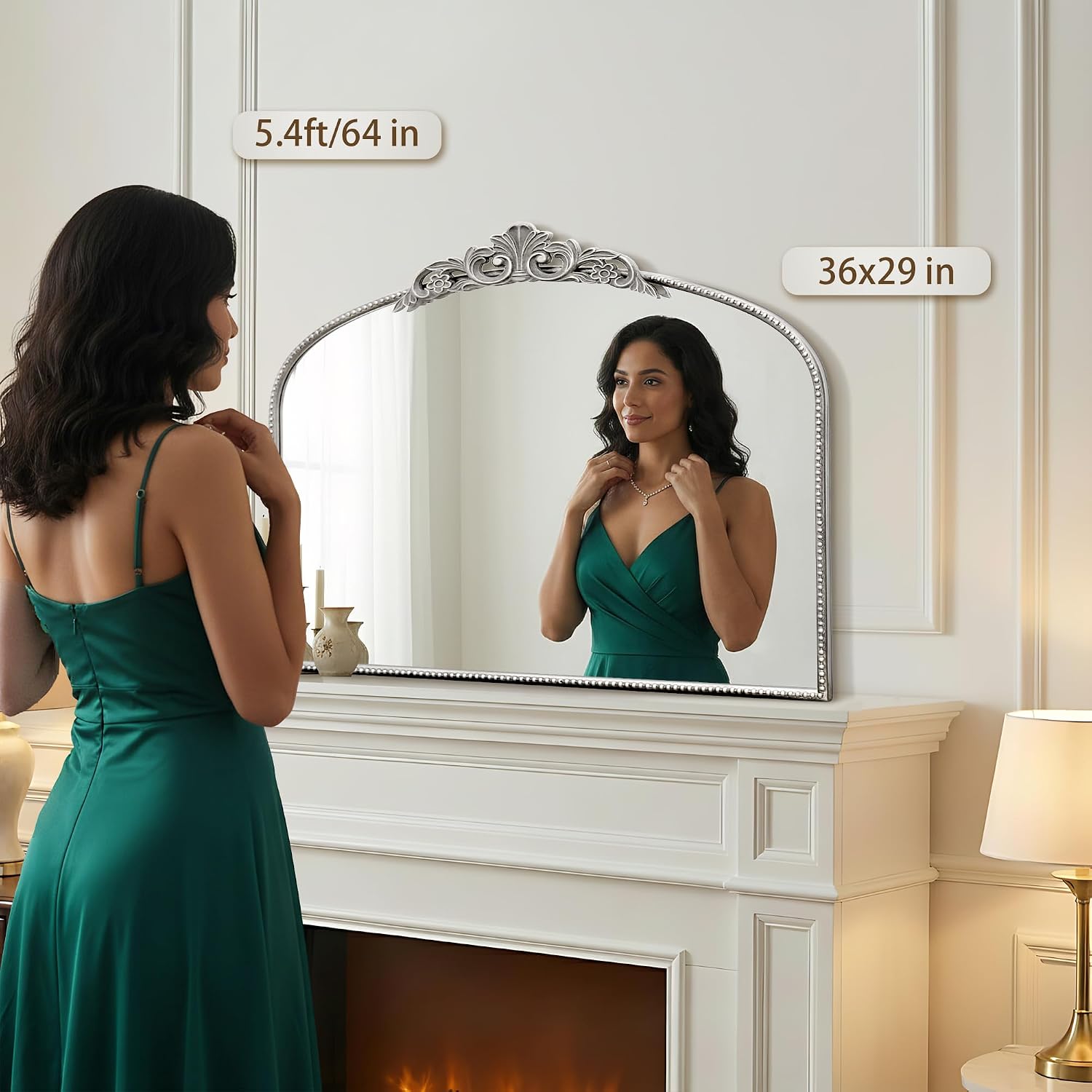 Micasso Vintage Silver Arched Mirror: 36'x29' French Baroque Antique Wall Mounted Mirror - Traditional Ornate Decorative for Wall/Fireplace/Entryway/Bathroom/Hallway - Home Decor for Living Room